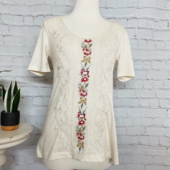 Johnny Was Tops - Johnny Was JWLA Ivory Scoop Neck Tee Shirt Women’s Small Floral Embroidered Top